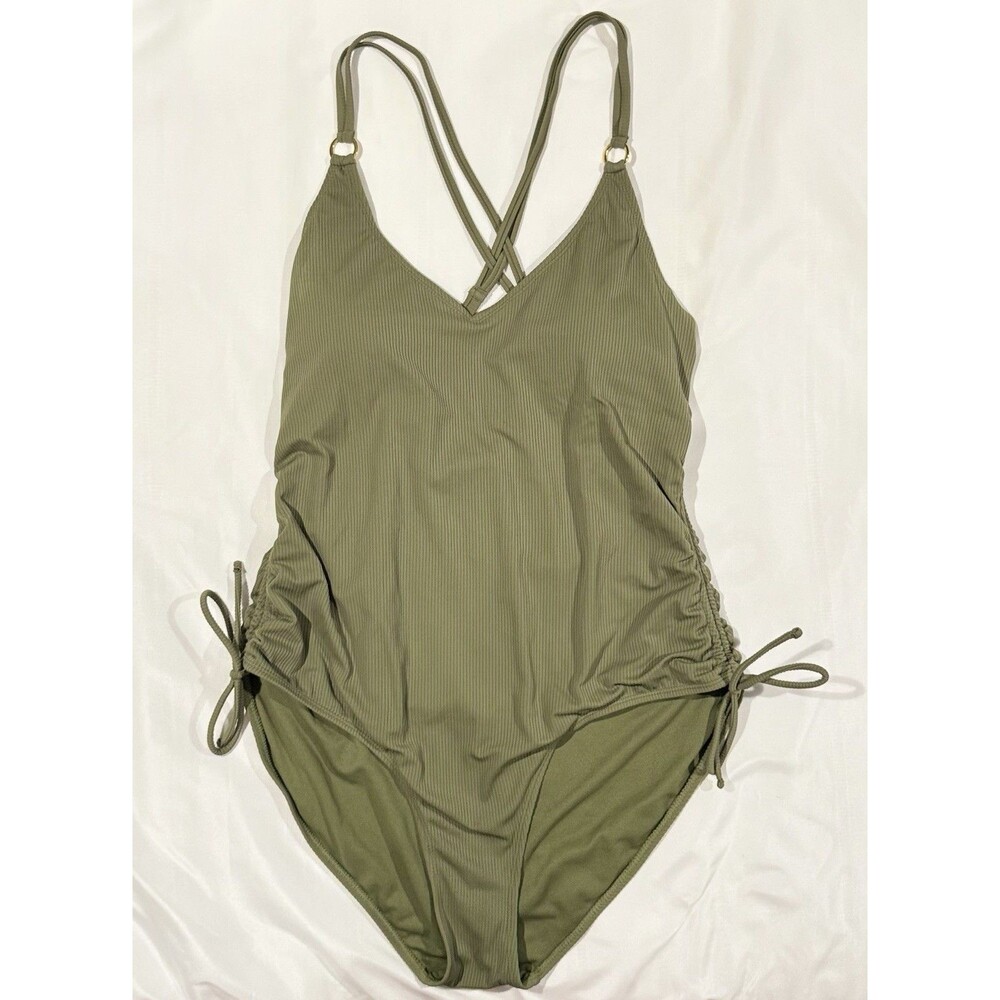 NEW Time & True Body Swimsuit Women's XL Ribbed Preppy Beach Vacation Green